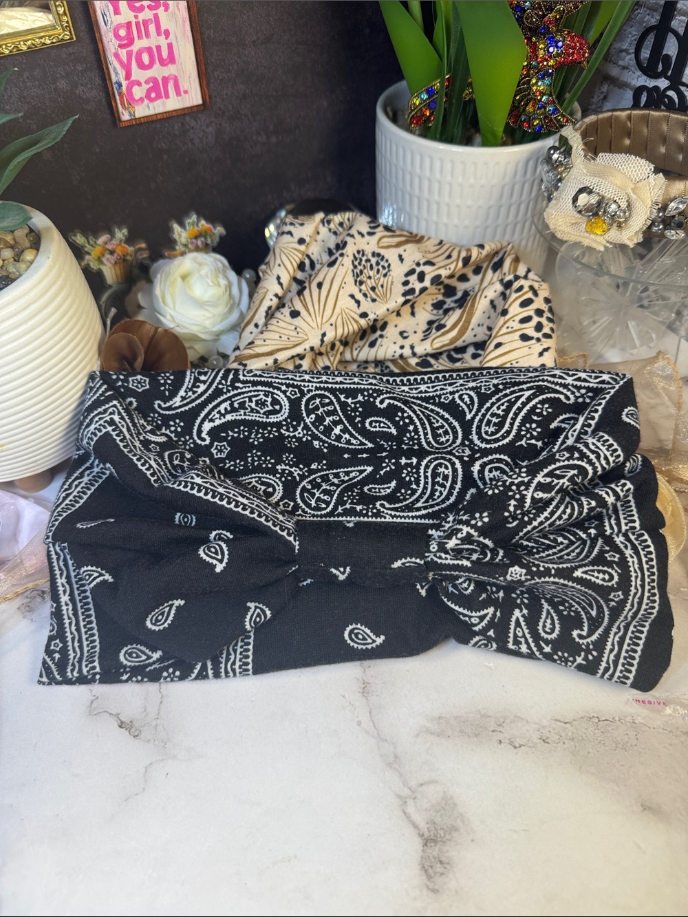 Black & Cream Bandana Print Headband Set with Free Hair Scrunchie